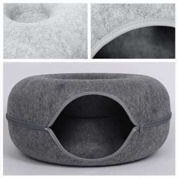 Felt Cat Tunnel Bed Round Donut Cave Nest for Kittens and Small Pets 60x30cm - Light Grey