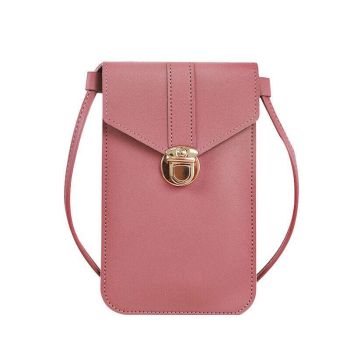 Touch Screen Crossbody Phone Bag with Clear Window PU Leather Wallet Purse - Pink