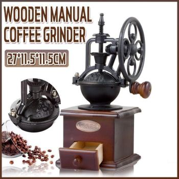 Vintage Manual Coffee Grinder with Wooden Base and Cast Iron Crank
