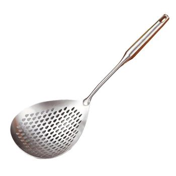 304 Stainless Steel Kitchen Colander Long Handle Noodle Dumpling Strainer Spoon - Yellow wood