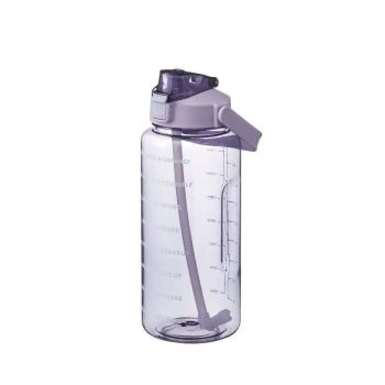 2L Water Bottle Straw Cup Motivational Drink Flask With Time Markings Sports Gym - Black
