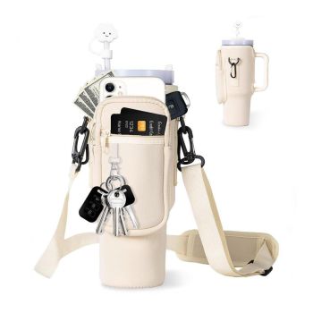 Portable Cup Sleeve Drink Holder Reusable Water Bottle Carrier Travel Bag - Beige