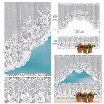 2Pcs/Set White Lace Kitchen Home Window Cafe Curtain W Scallope Edge 160Cm Wide