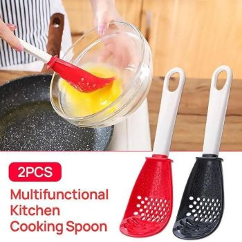 Multifunction Kitchen Cooking Spoon Tool Skimmer Garlic Press Potato Ricer Scoop - Red
