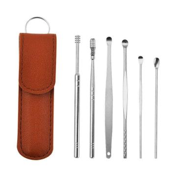 6Pcs Stainless Steel Ear Pick Curette Wax Cleaner Earpick Remover Earwax Removal - Brown