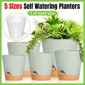 5pcs Self Watering Planter Desktop Plastic Round Planter Auto Suction Lazy Pot - White
