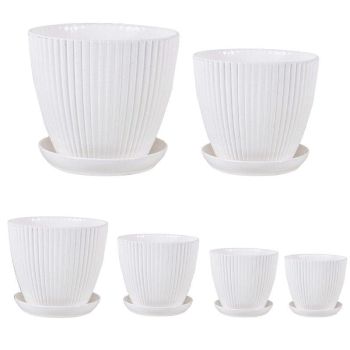 6PCS Simple Plastic Round Plant Pots Vertical Stripes Flower Pot Green Gardening - White