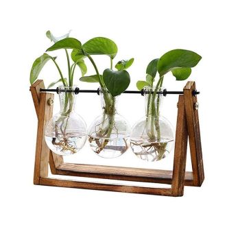 Wood Stand Glass Vase Terrarium Hydroponic Hanging Planter Home Decor - L With 3 Bottles
