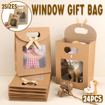 24PCS Kraft Paper Gift Bag Window Handheld Bow Clamshell Packaging Shopping Bag - 16x12x6cm