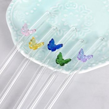 8pcs Colourful Butterfly Glass Straw Reusable Heat Resistant Proof MultiColours