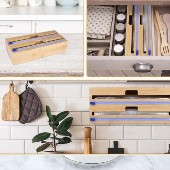 Bamboo Food Wrap Dispenser Cutter Foil Cling Film Storage Holder Box Kitchen Au - M