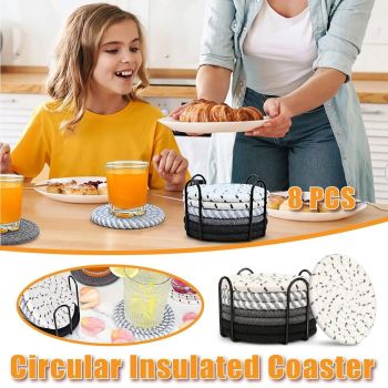 8PCS Cotton Rope Coasters Set with Metal Holder Heat Insulated Drink Placemats