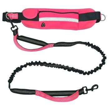 Hands Free Dog Leash Adjustable Lead with Waist Belt Bag for Walking Jogging Running - Black+Grey
