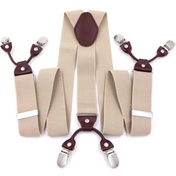 Adjustable 35mm Wide Suspenders for Men with 6 Clips Elastic Leather Braces - Grey