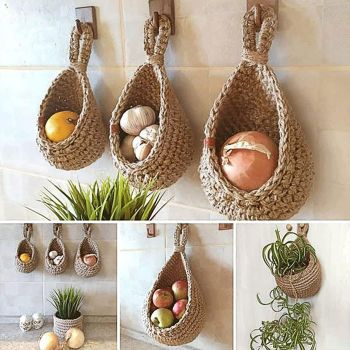 3pcs Boho Hanging Wall Baskets Woven Vegetable Fruit Storage Pouch Kitchen Decor