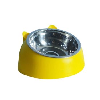 Pet Dog Cat Food Bowl Raised No Slip Stainless Steel Tilted Water Food Feeder - Black