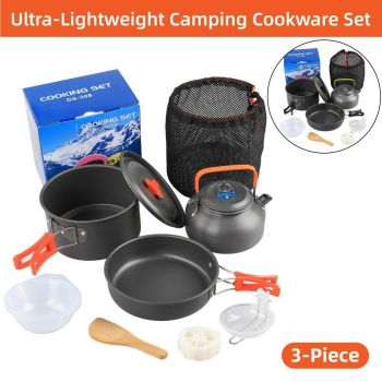 Lightweight Camping Cookware Set Outdoor Cooking Gear 3 Piece Travel Cook Set - Black