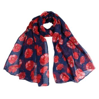 Women Ladies Poppy Print Floral Scarf Remembrance Day Poppies Scarves Wrap Shawl - Royal Blue