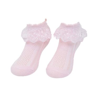 Lace Ruffle Frilly Short Socks for Girls Ankle Length M Size Fits 4-6 Years - Pink