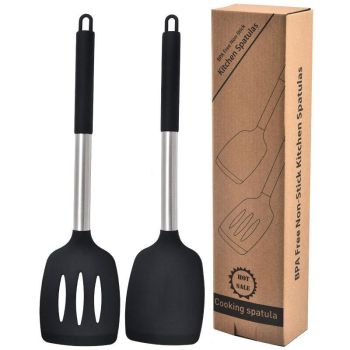 2pcs Silicone Cooking Utensils Stir Fry Spatula Kitchen Tools Non Stick Cookware - Black