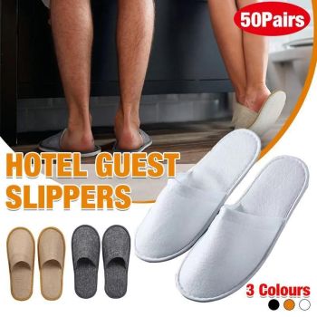 50 Pairs SPA Hotel Guest Slippers Closed Toe Disposable Terry Style Linen - Grey
