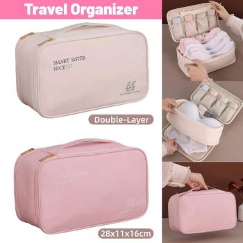 Double Lingerie Storage Bag Travel Organizer Clothes Storage Case for Underwear - Pink