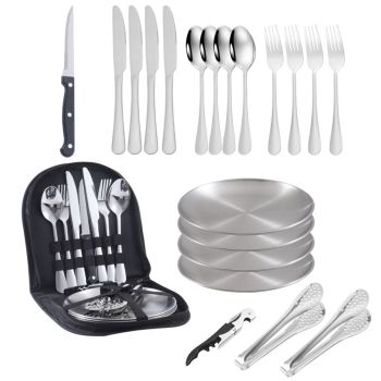 10/20PCS Camping Cutlery Set Outdoor Picnic Utensils Plates Spoons Forks Knives - Black-2 People