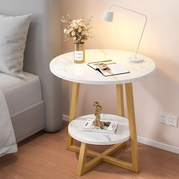 Round Side Table 2 Tier White Nightstand Coffee Sofa End Table Marble Design