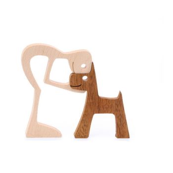 Handmade Wooden Statue Sitting Family and Dog Craft Home Decor - B01