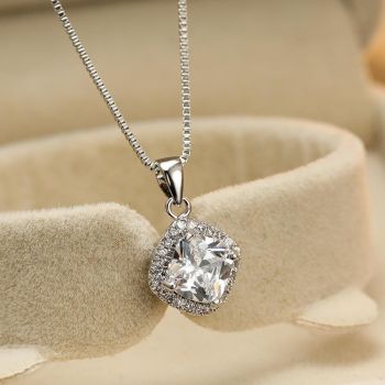 Fashion 925 Sterling Silver Stunning Square Cubic Zircon Pendant Necklace Chain - White
