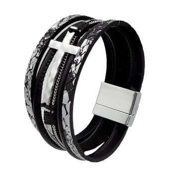 Men Cross Bracelet Multi-Layer Leather Wristband Stainless Steel Stylish Gift - Silver
