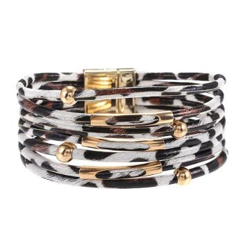 Fashion Snap Lock Leather Bohemian Leopard Print Bangle Stylish Bracelet Gift - White