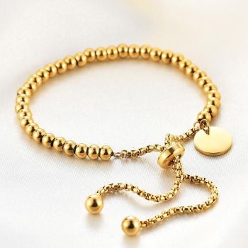 Ladies 18K Gold Plated Titanium Steel Chain Bead Ball Bracelet Cuff Gift - Gold