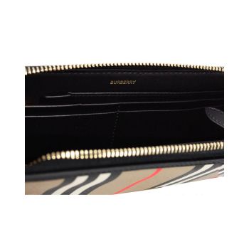 Burberry Women's Ellerby Black Leather Icon Stripe Canvas Zip Around Continental Wallet - One Size