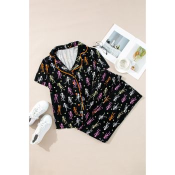 Black Halloween Pattern Short Sleeve Shirt Pajama Set - L