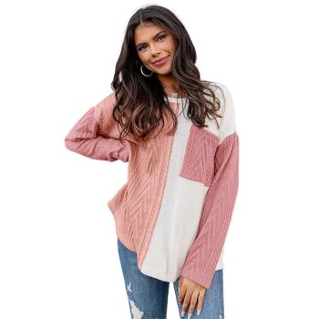 Peach Blossom Long Sleeve Colorblock Chest Pocket Textured Knit Top - S