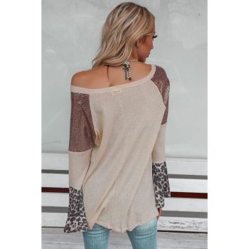 Leopard Sequin Patchwork Bell Sleeve V Neck Tunic Top - M