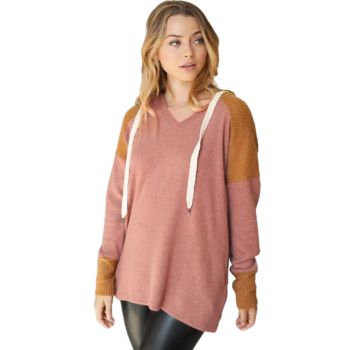 Brown Waffle Knit Patchwork Drawstring V Neck Hoodie - XL