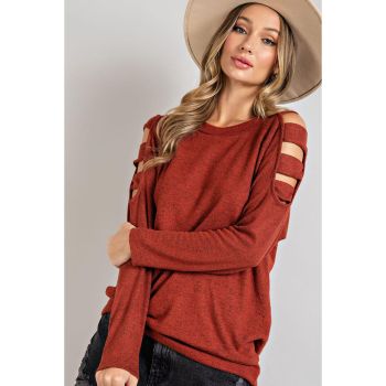 Orange Cutout Cold Shoulder Long Sleeve Top - M