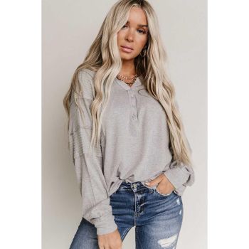 Gray Waffle Patchwork Dolman Sleeve Henley Top - L