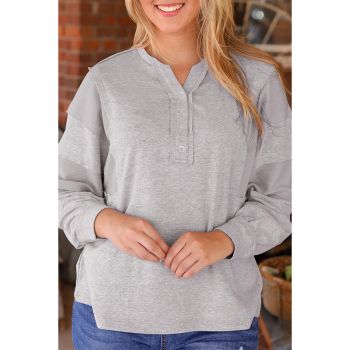 Gray Waffle Patchwork Dolman Sleeve Henley Top - M