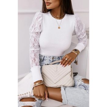 White Lace Splicing Sleeve Ribbed Slim Top - L