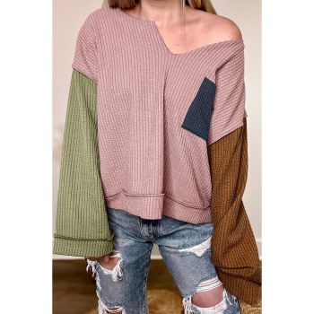 Pink Colorblock Rib Textured Loose Long Sleeve Top - M