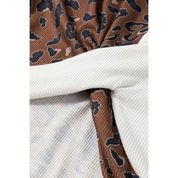 Brown Leopard Contrast Waffle Knit Twist Hem V Neck Top - S