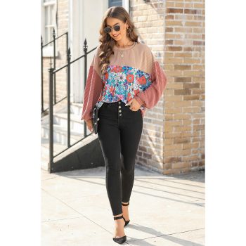 Printed Floral Contrast Colorblock Ribbed Top - XL