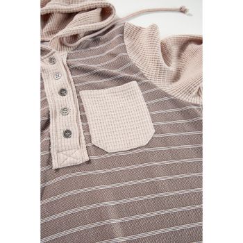 Gray Textured Knit Colorblock Striped Henley Hooded Top - S