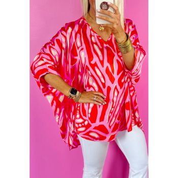 Red Abstract Print V Neck Batwing Sleeve Oversized Blouse - L