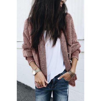 Peach Blossom Plaid Contrast Trim Open Front Cardigan - XL