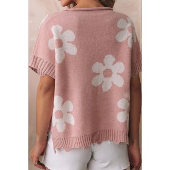 Light Pink Pearled Flower Distressed Edge Sweater T Shirt - S