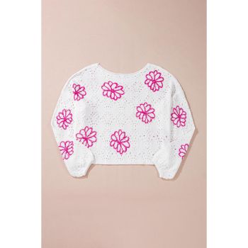 White Contrast Flower Print Eyelet Drop Shoulder Sweater - M